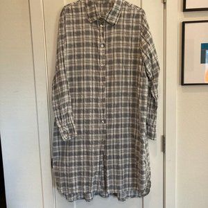 Grizas Women Long Shirt Tunic XL L White Gray Plaid Cotton Silk long sleeve